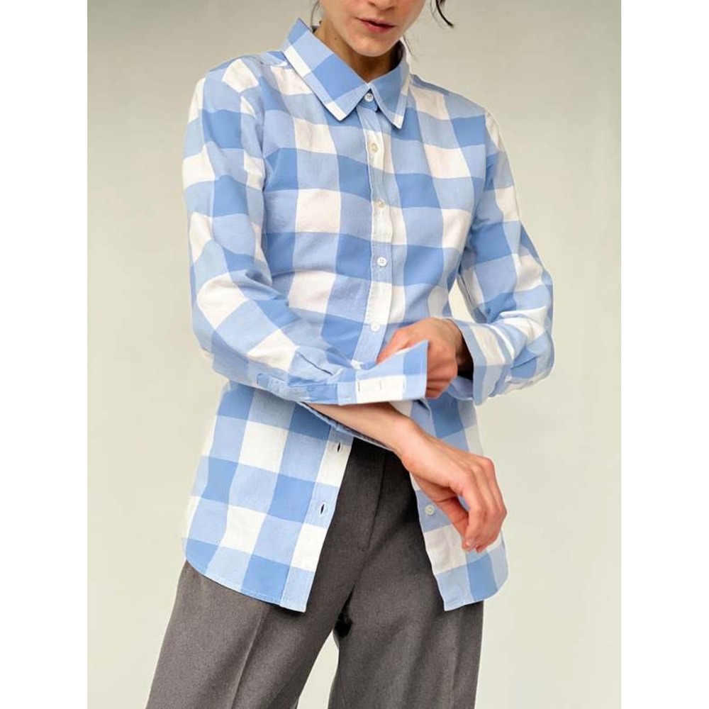 Norma Kamali Blue White Buffalo Check Cotton Button Down Shirt‎ NK110101P Small